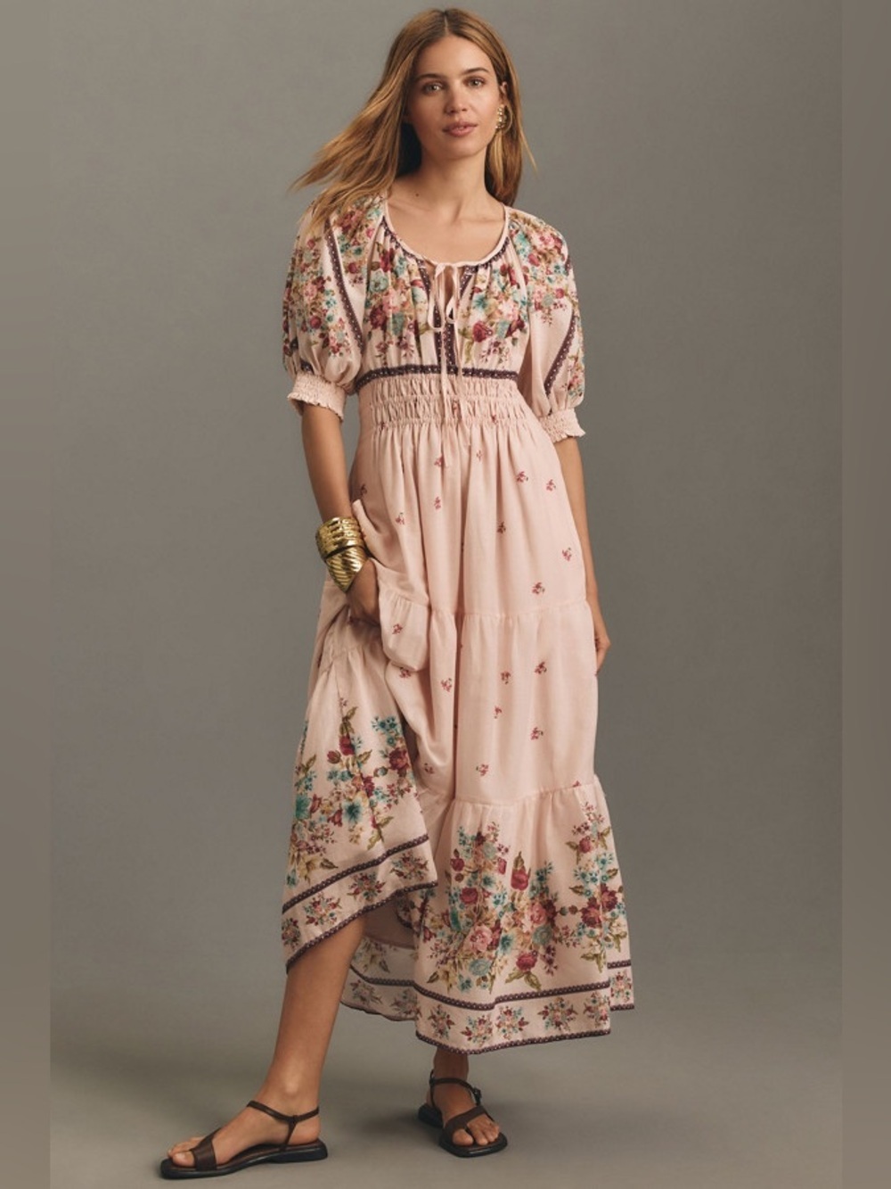 Anthropologie Somerset Puff Sleeve Maxi Dress Size Small Pink Floral Sundress